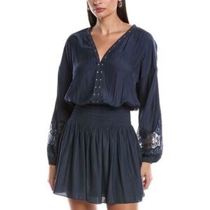 Ramy Brook Womens Vaira Mini Dress Blue SIZE XL studded long sleeve lace smocked